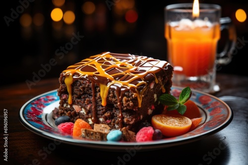 A bite in an orange brownie, in a confectionery with colorful stained glass windows., generative IA