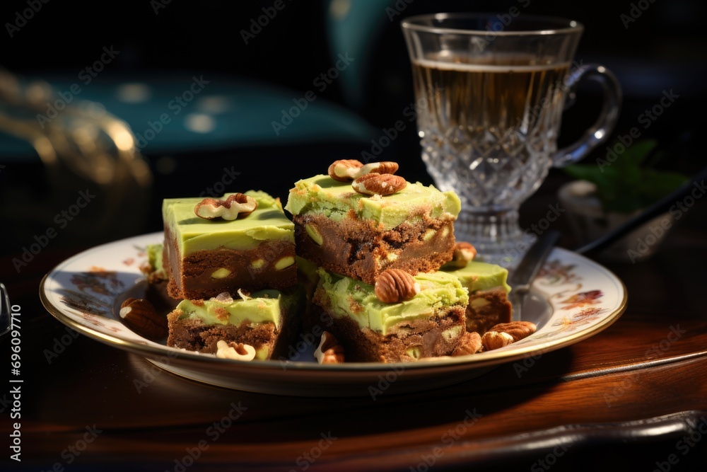 Pistachio brownie in a retro -decorated coffee with leather sofas., generative IA