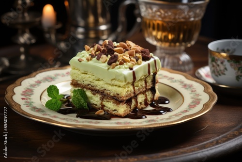 Pistachio brownie on a porcelain plate, in an elegant coffee with chandeliers., generative IA