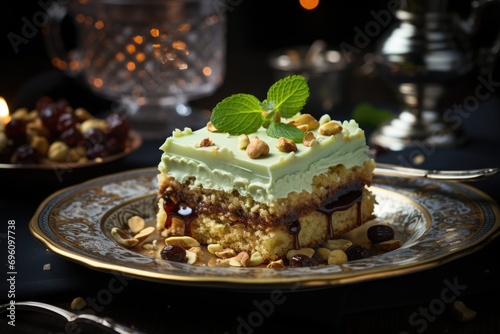 Pistachio brownie on a porcelain plate  in an elegant coffee with chandeliers.  generative IA