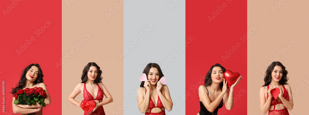 Set of sexy young woman in underwear on color background. Valentine's Day celebration - obrazy, fototapety, plakaty 