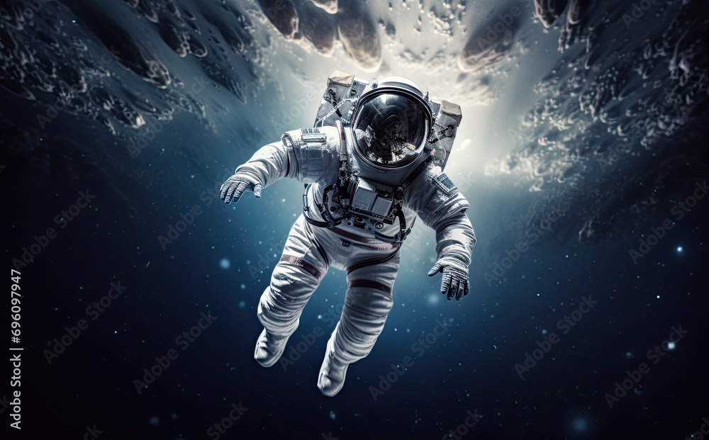 Astronaut floating in outer space with planets around him