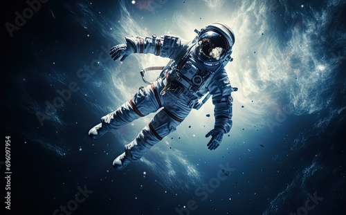 Astronaut floating in outer space with planets around him