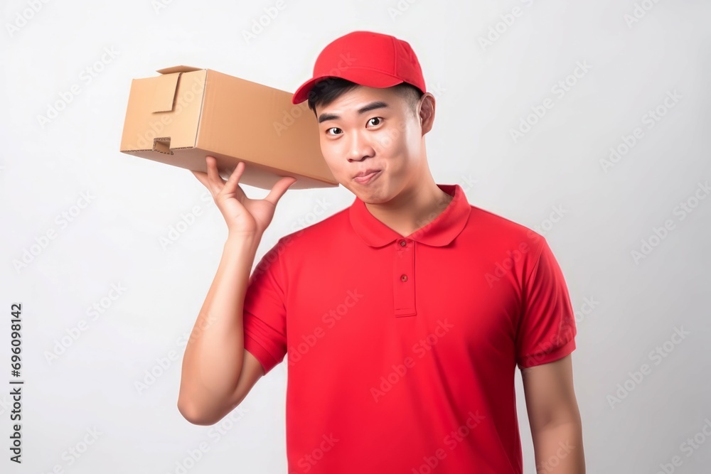 Handsome young chinese delivery. Young and happy guy red uniform work. Generate AI Handsome young chinese delivery. Young and happy guy red uniform work. Generate AI
