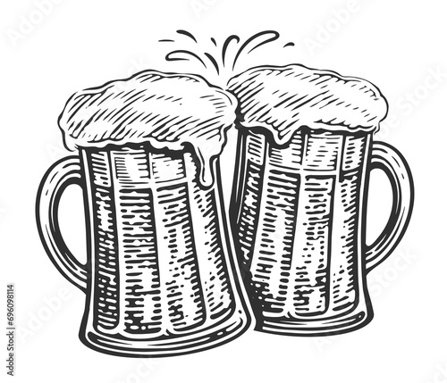 Cheers, Two beer mugs toast. Clinking glass glasses full of ale and splashes of foam, illustration