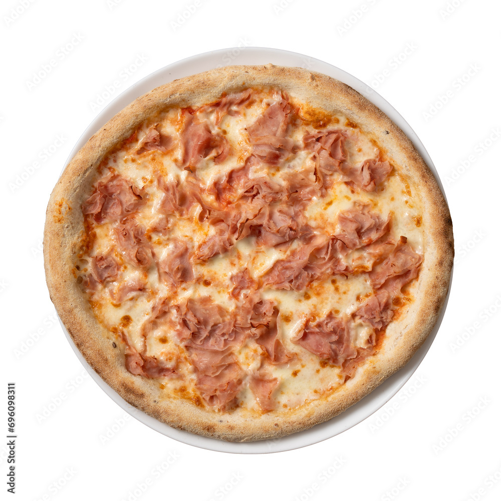 top view pizza with sausage and broccoli. isolated white background top view pizza with sausage and broccoli. isolated white background