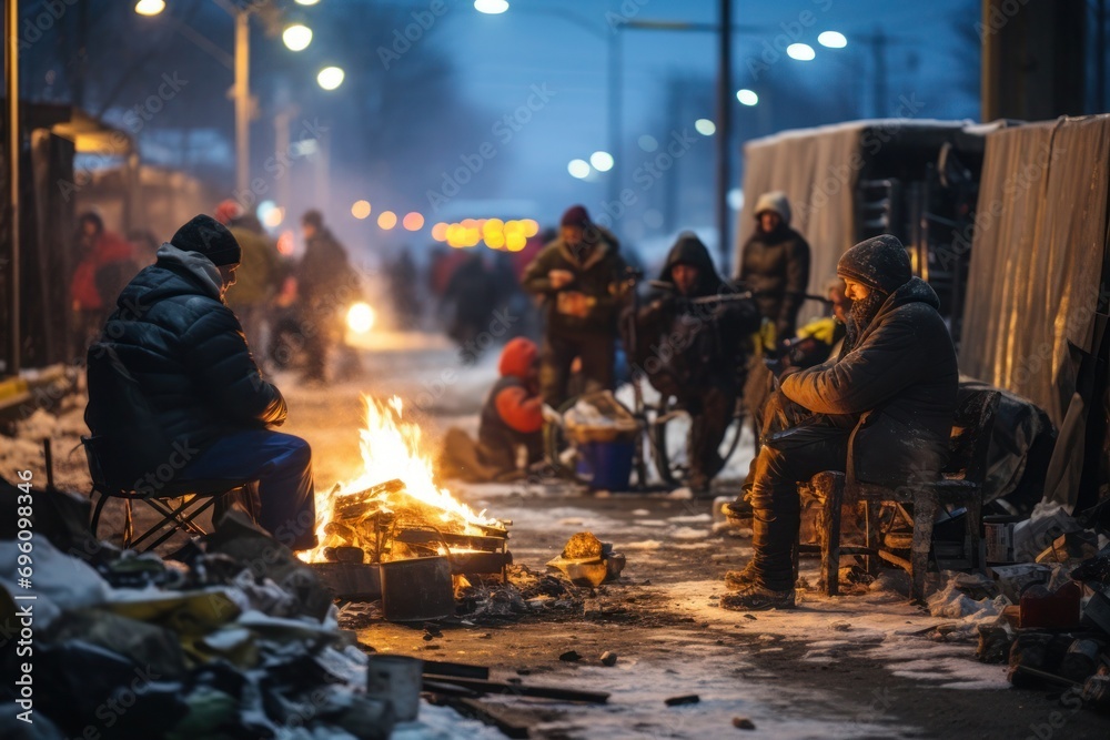 Homeless people find warmth at an improvised campfire, wintry city in the background. Homeless people find warmth at an improvised campfire, wintry city in the background.