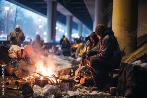 Homeless people sit together, seeking warmth under a bridge during a snowfall.