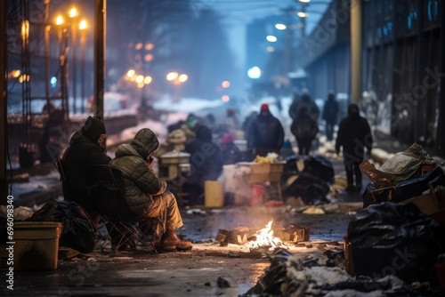 Homeless people find warmth at an improvised campfire, wintry city in the background.
