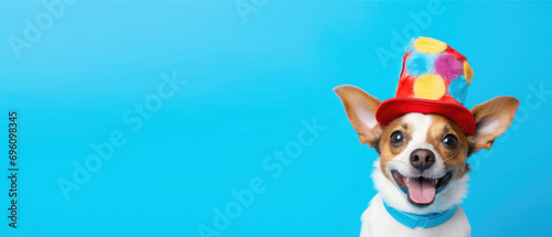 horizontal banner, funny puppy in a clown hat, April 1st, April Fools Day, place for text