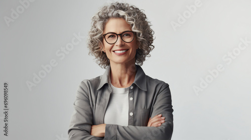 Professional woman with silver hair exuding sophistication and experience. Portrait against a neutral background.