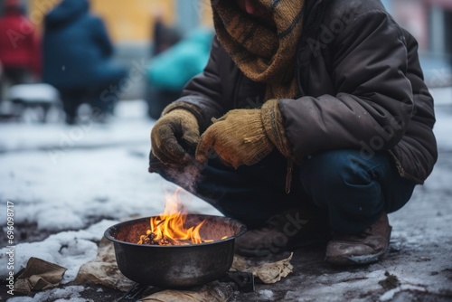 Homeless person seeks warmth by a fire, cold winter landscape in the sunset.