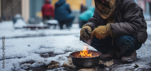 Homeless person seeks warmth by a fire, cold winter landscape in the sunset. photo