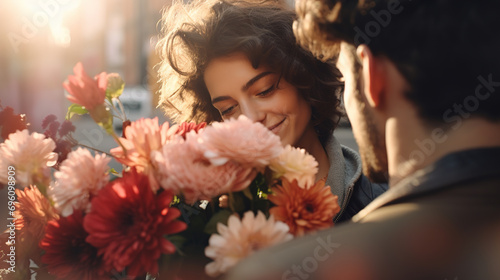 Man gives bouquet of flowers to young woman. International Woman's Day