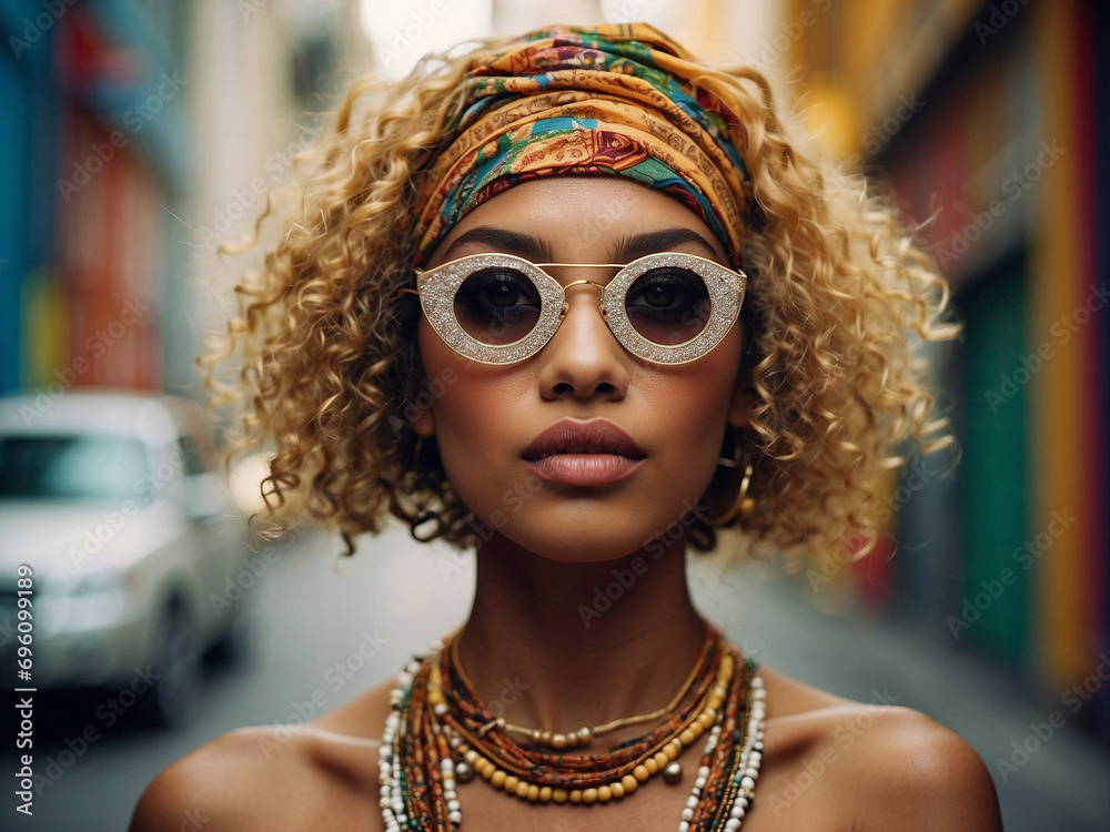 Mujer joven afroamericana con divertidas gafas estilo hippie Mujer joven afroamericana con divertidas gafas estilo hippie