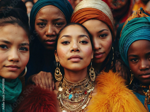 Grupo de mujeres de distintas culturas y etnias con ropa tradicional photo