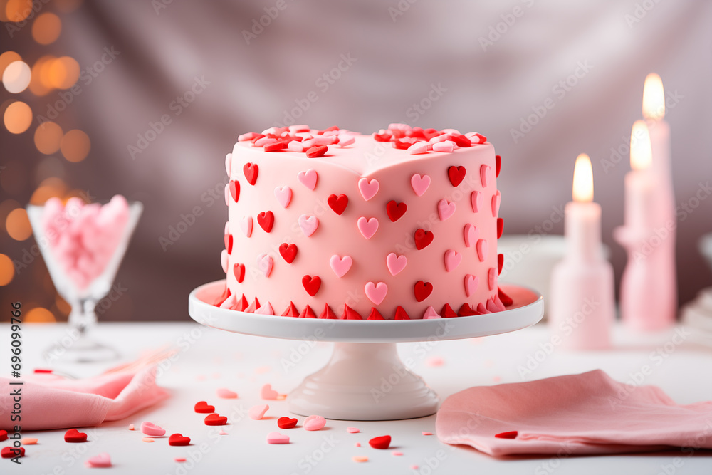 Valentine's Day or wedding pink cake decorated with pink and red fondant small edible hearts Valentine's Day or wedding pink cake decorated with pink and red fondant small edible hearts