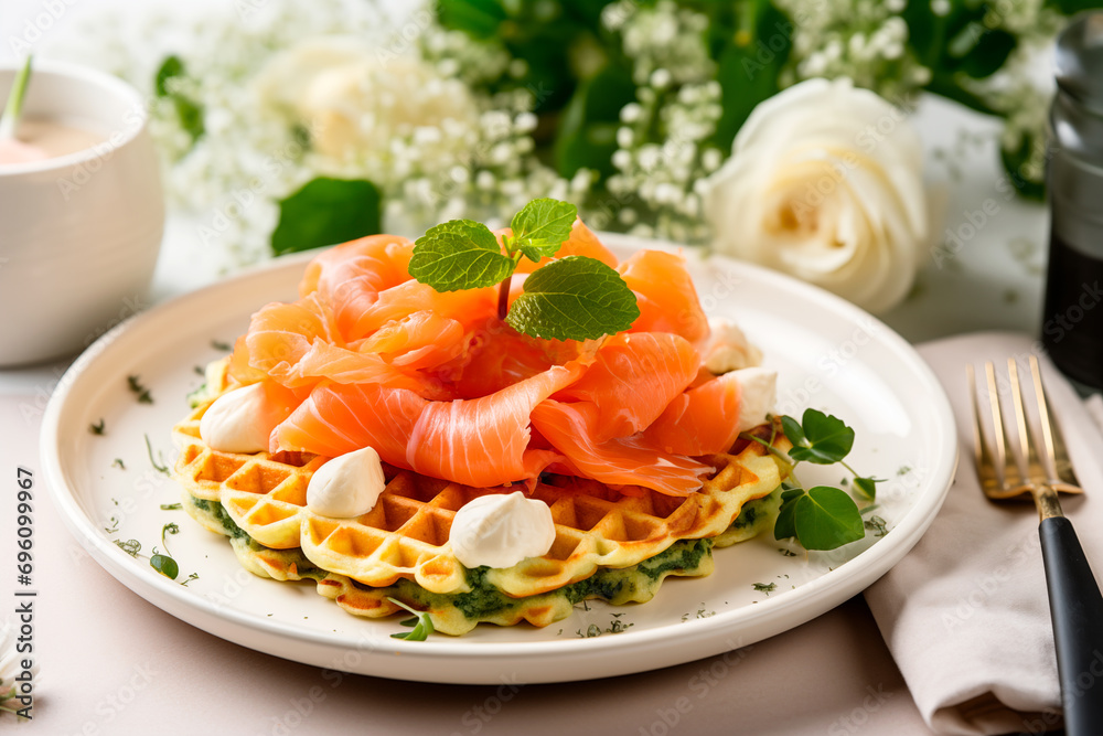 zucchini waffles with cheese and salmon, romantic breakfast atmosphere, zucchini waffles with cheese and salmon, romantic breakfast atmosphere,