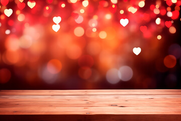 Empty wooden table in front of abstract blurred pink valentine light background for product display in a coffee shop, local market or bar	