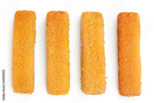 Fish finger or stick isolated on white background with full depth of field. Top view. Flat lay.