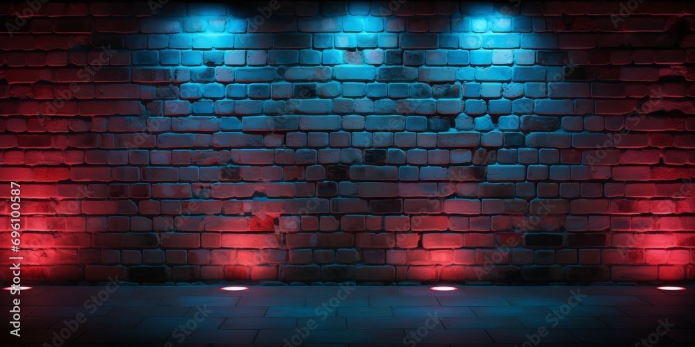 mesmerizing red and blue neon lights on brick wall, Generative AI mesmerizing red and blue neon lights on brick wall, Generative AI