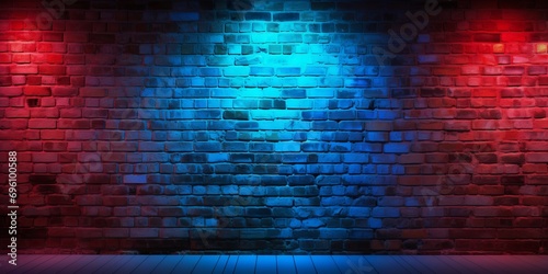 mesmerizing red and blue neon lights on brick wall  Generative AI