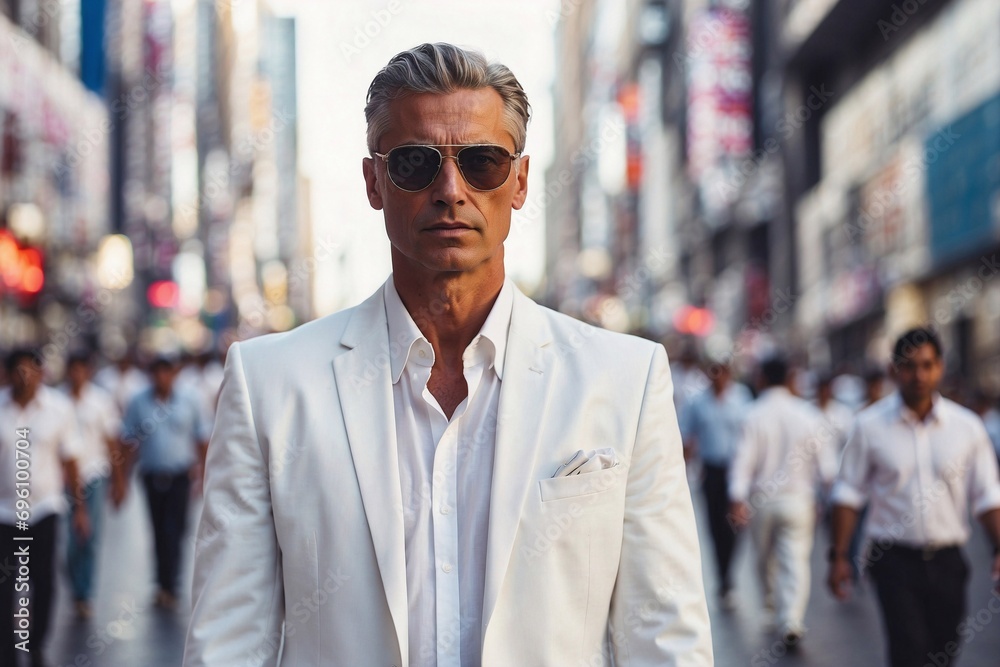 mature businessman in crisp white suit, urban lifestyle, cityscap