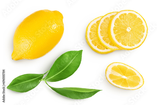 Ripe lemon with half isolated on white background with full depth of field. Top view. Flat lay photo