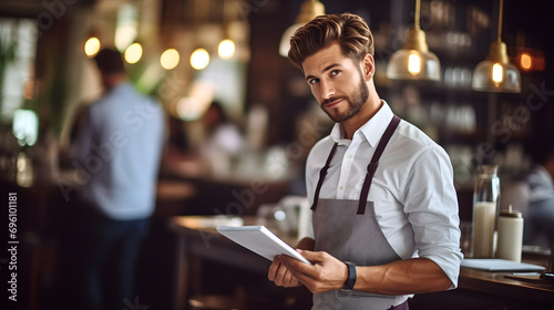 Handsome and attractive young waiter wearing apron, smiling and looking at the camera, holding a paper with customer orders ready to be prepared, daytime restaurant staff or employees service 