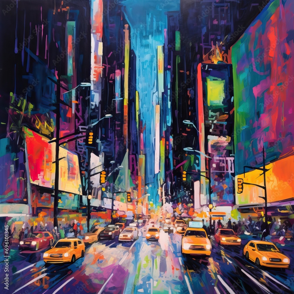 Naklejka premium An abstract acrylic painting of a bustling cityscape at night, with towering skyscrapers illuminated by a multitude of vint neon lights. The streets below are alive with movement, as cars zoom by and 