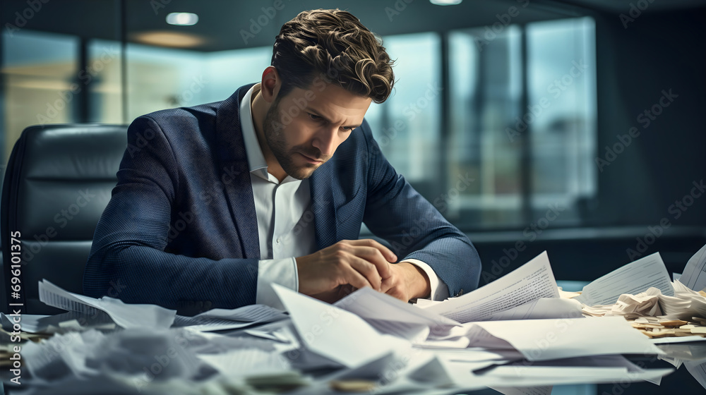 Fototapeta premium Stressed out and anxious young handsome businessman sitting in modern office interior, looking at the table or desk full of paperwork documents. Unhappy male employee, tired of his job