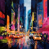 An abstract acrylic painting of a bustling cityscape at night, with towering skyscrapers illuminated by a multitude of vint neon lights. The streets below are alive with movement, as cars zoom by and 