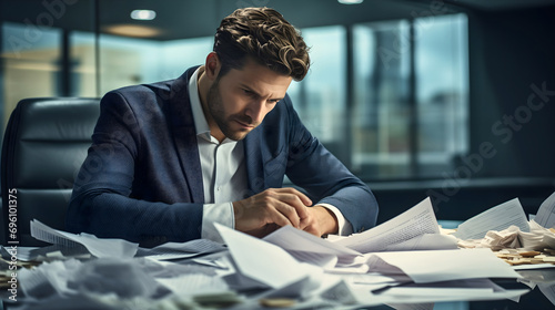 Stressed out and anxious young handsome businessman sitting in modern office interior, looking at the table or desk full of paperwork documents. Unhappy male employee, tired of his job