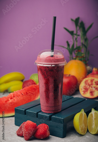 A selection of juices with natural fruits, milkshakes, dessert, pineapple, strawberry and pomegranate