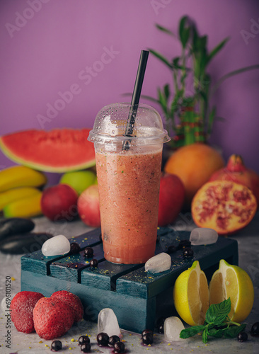 A selection of juices with natural fruits, milkshakes, dessert, pineapple, strawberry and pomegranate