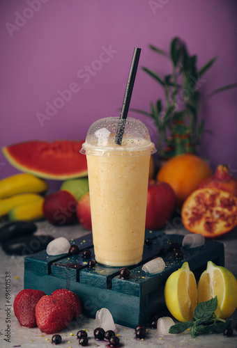 A selection of juices with natural fruits, milkshakes, dessert, pineapple, strawberry and pomegranate