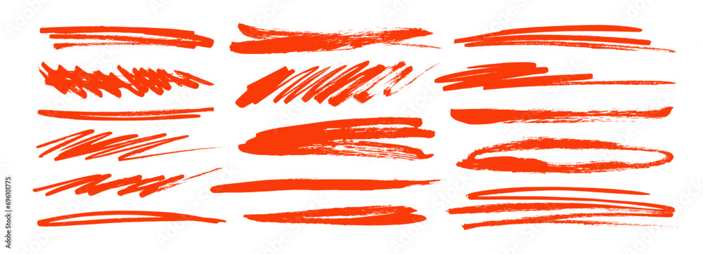 Red underline and strikethrough markers collection. Horizontal hand drawn marker stripes. - obrazy, fototapety, plakaty 