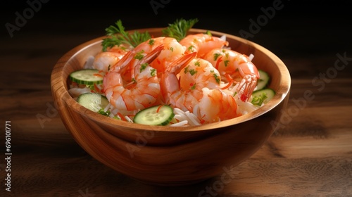 A gastronomic journey: a wooden bowl filled with a fresh vegetable salad, each bite enriched with flavorful shrimp.