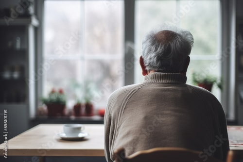 With his back facing outward, the aged man looks out the window. The senior man sits on a chair, feeling a sense of depression and sadness photo
