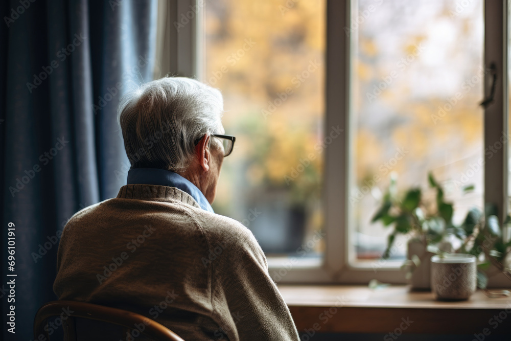 Gazing through the window, the elderly man has his back turned. The senior man, seated on a chair, feels a sense of depression - obrazy, fototapety, plakaty 