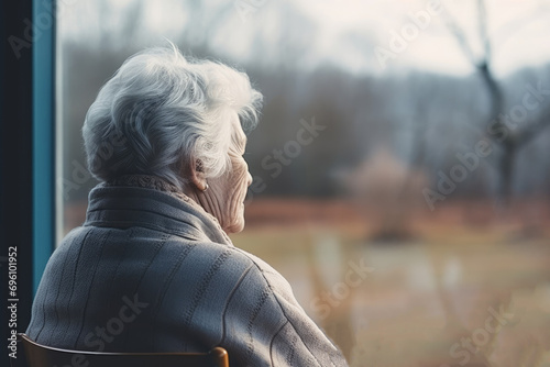 The elderly woman with gray hair, facing away, looks through the window, lost in thought, and appears to be feeling depressed photo