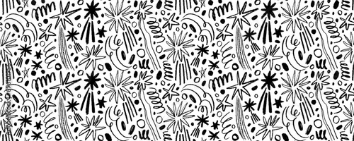 Seamless banner design with charcoal stars with tails. Hand drawn childish style seamless pattern.