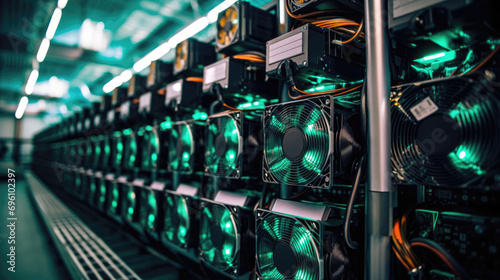 Bitcoin and crypto mining farm. Big data center. High tech server computers at work in green lighting