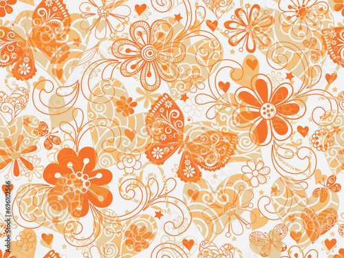 Vector vivid valentines pattern with hearts and flowers and butterflies in doodle style on a white background