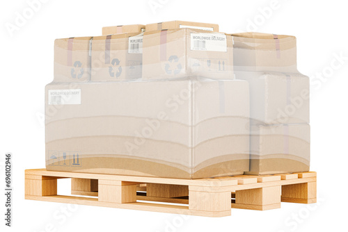 Bilde på lerret Wooden Pallet with parcels wrapped in stretch film, 3D rendering isolated on tra