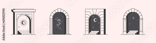 Vector mystic logo design templates with portals,steps,sun,crescent moon,stars and rose.Surreal abstract illustrations in trendy minimal outline style.Celestial emblems.Branding design templates.