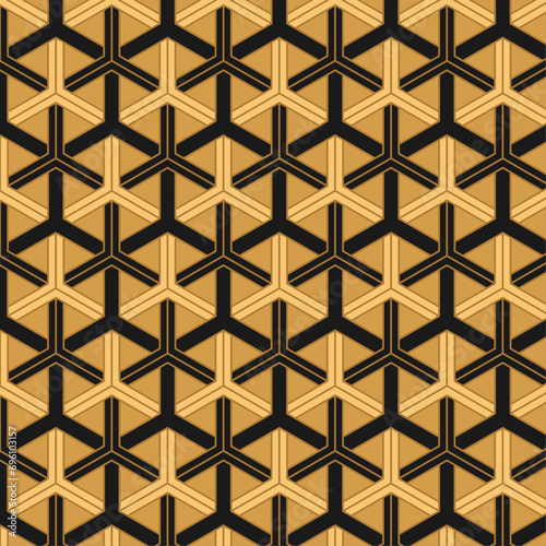 Seamless abstract geometric pattern with hexagons in yellow and black colors. Geometric ornaments pattern for printing on paper fabrics wallpaper decoration textiles and scrapbooking. Vector
