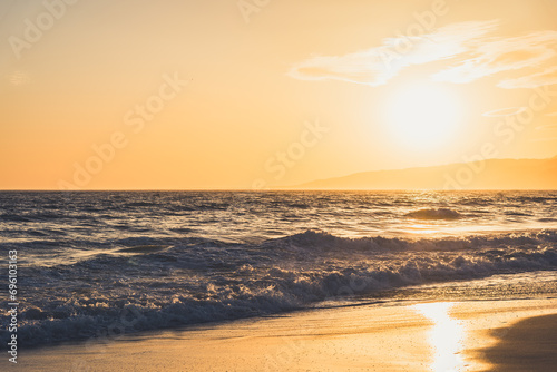 Bright sunset on Santa Monica beach