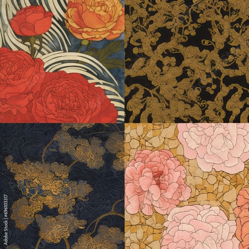 roses, rose, gustav klimt, art nouveau, monet, japanese woodblock prints, unexpected fabric combinations, mismatched patterns, detailed botanic studies, african-inspired textile patterns, patchwork