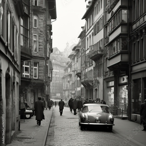 the city street was a thriving street, swiss style, post-war, wimmelbilder, einer johansen, negative space photo